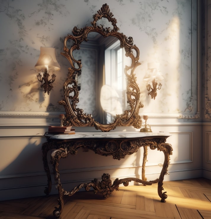 Antique mirror and table in a room